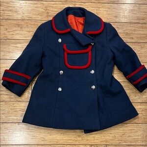 Rainbow Vintage 1960’s Union Made Navy Blue Wool Coat Red Trim